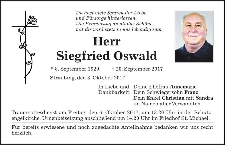 Traueranzeige Siegfried Oswald