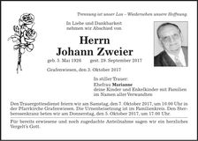 Traueranzeige Johann Zweier