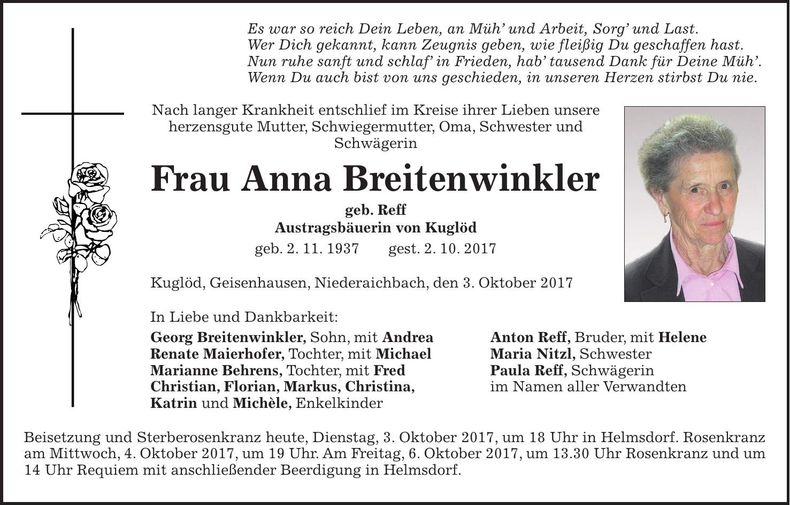 Traueranzeige Anna Breitenwinkler