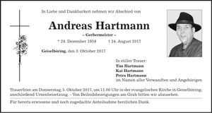 Traueranzeige Andreas Hartmann
