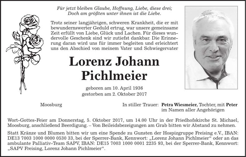 Traueranzeige Lorenz Johann Pichlmeier