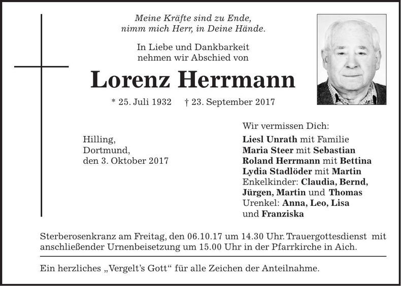 Traueranzeige Lorenz Herrmann