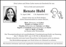 Traueranzeige Renate Hubl