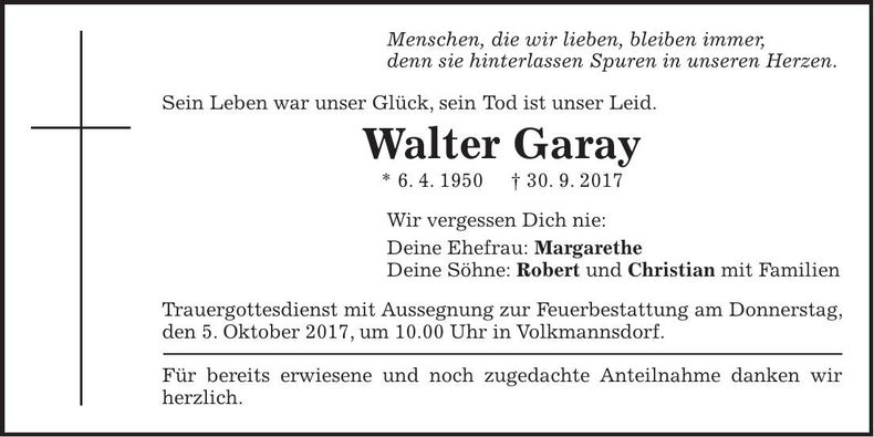Traueranzeige Walter Garay