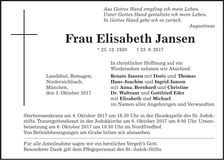 Traueranzeige Elisabeth Jansen