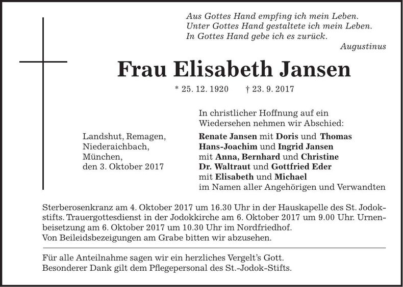 Traueranzeige Elisabeth Jansen