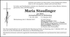 Traueranzeige Maria Staudinger