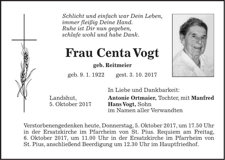 Traueranzeige Centa Vogt
