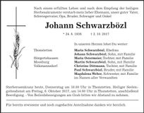 Traueranzeige Johann Schwarzbözl