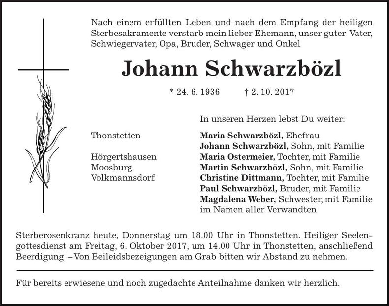 Traueranzeige Johann Schwarzbözl