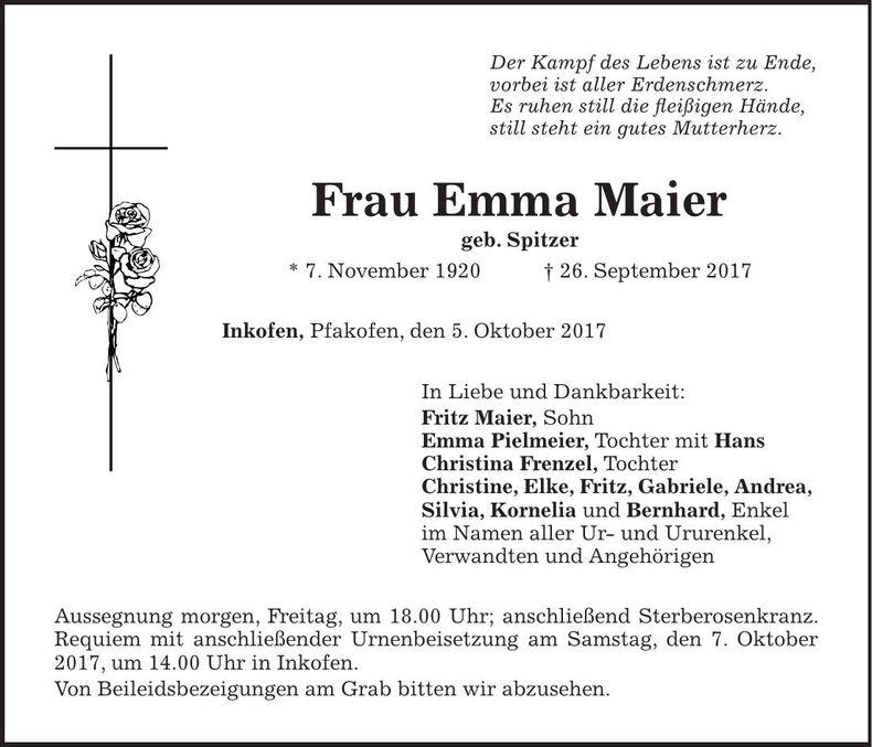 Traueranzeige Emma Maier