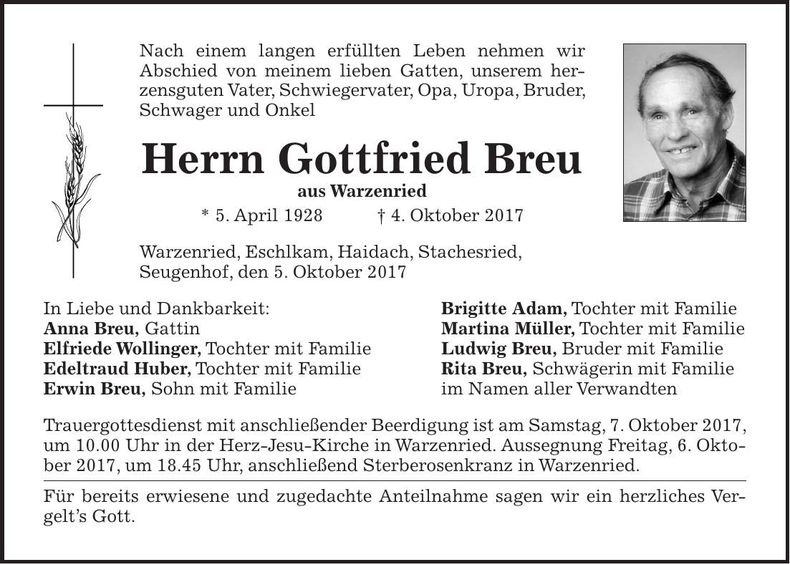 Traueranzeige Gottfried Breu