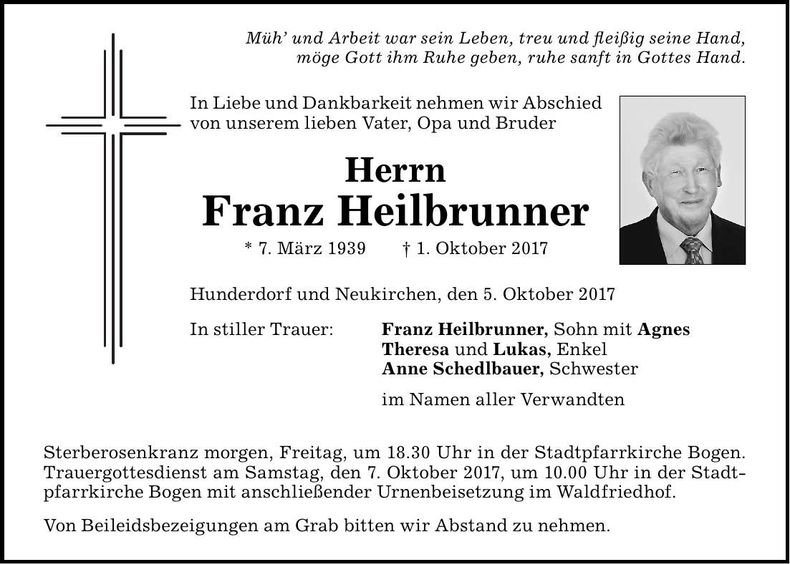 Traueranzeige Franz Heilbrunner