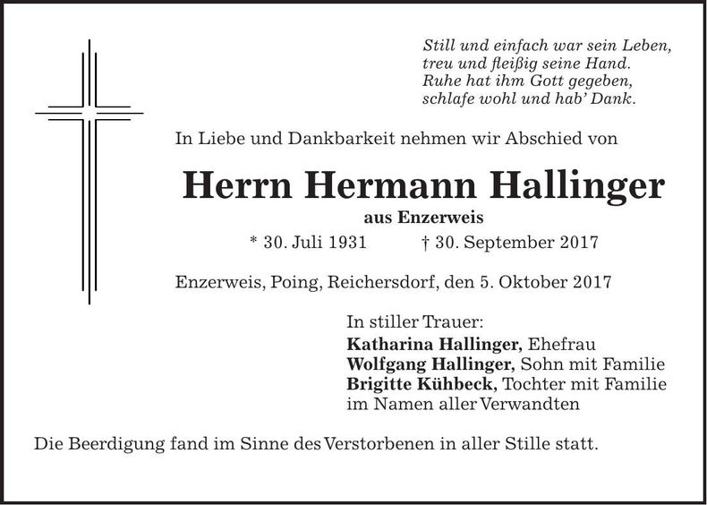 Traueranzeige Hermann Hallinger