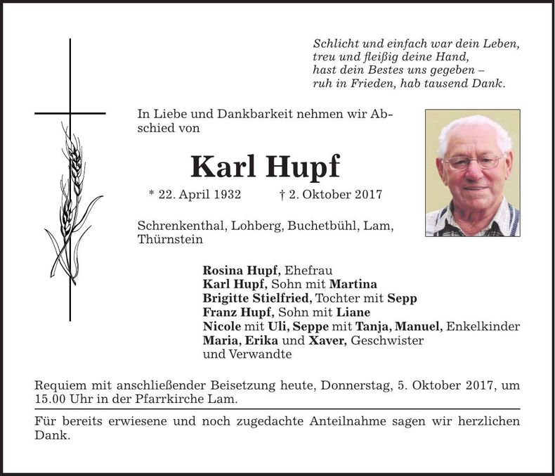 Traueranzeige Karl Hupf