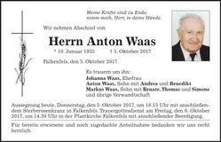 Traueranzeige Anton Waas