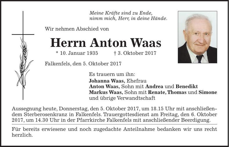 Traueranzeige Anton Waas