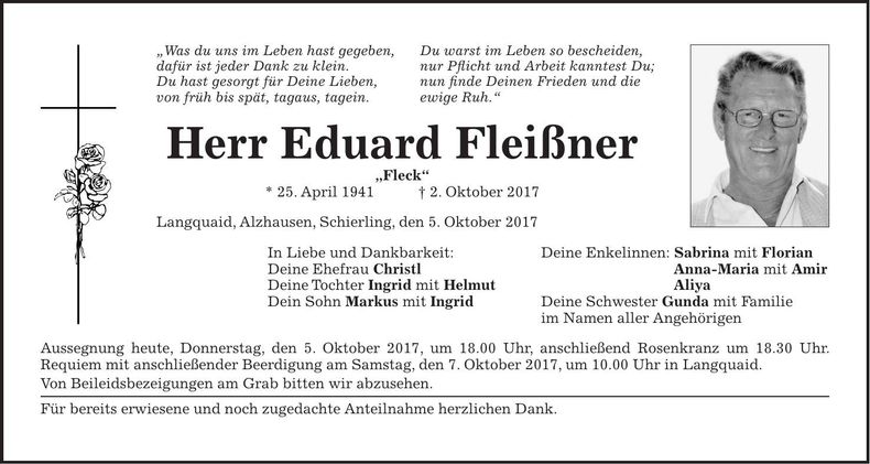 Traueranzeige Eduard Fleißner