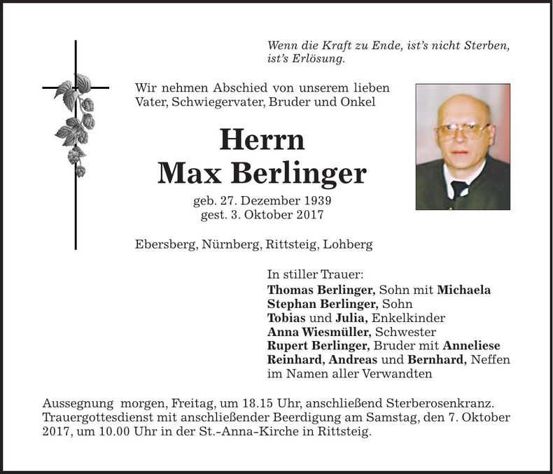 Traueranzeige Max Berlinger