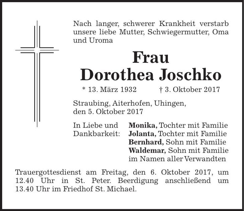 Traueranzeige Dorothea Joschko