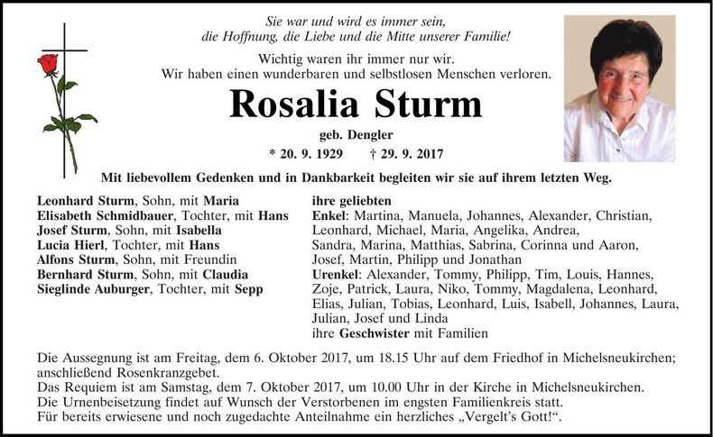 Traueranzeige Rosalia Sturm