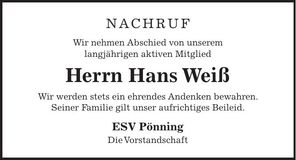 Traueranzeige Hans Weiß