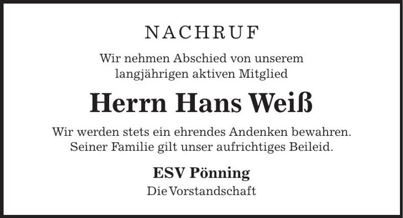 Traueranzeige Hans Weiß