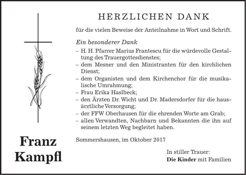 Traueranzeige Franz Kampfl