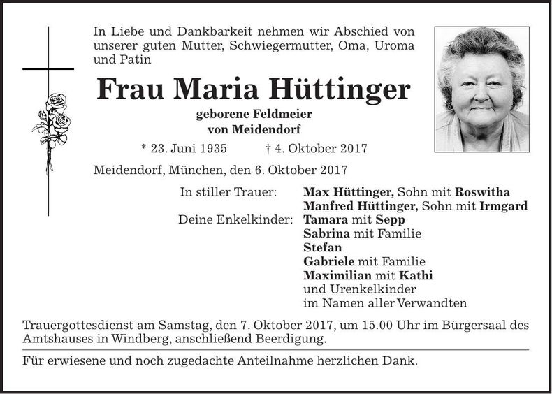 Traueranzeige Maria Hüttinger