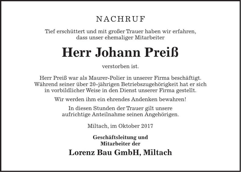 Traueranzeige Johann Preiß