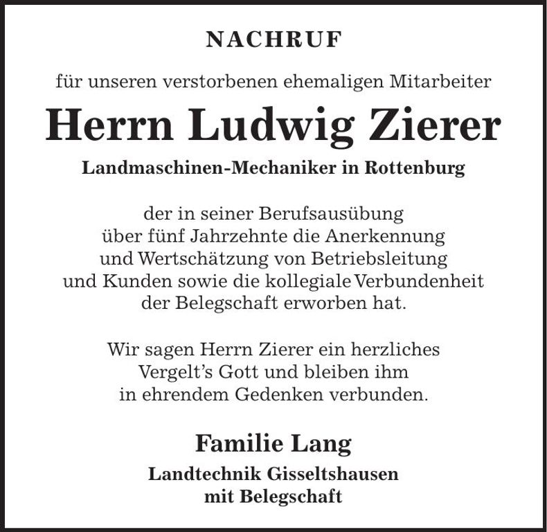 Traueranzeige Ludwig Zierer