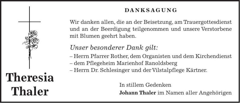 Traueranzeige Theresia Thaler