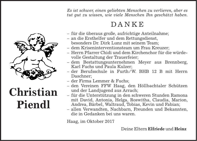 Traueranzeige Christian Piendl