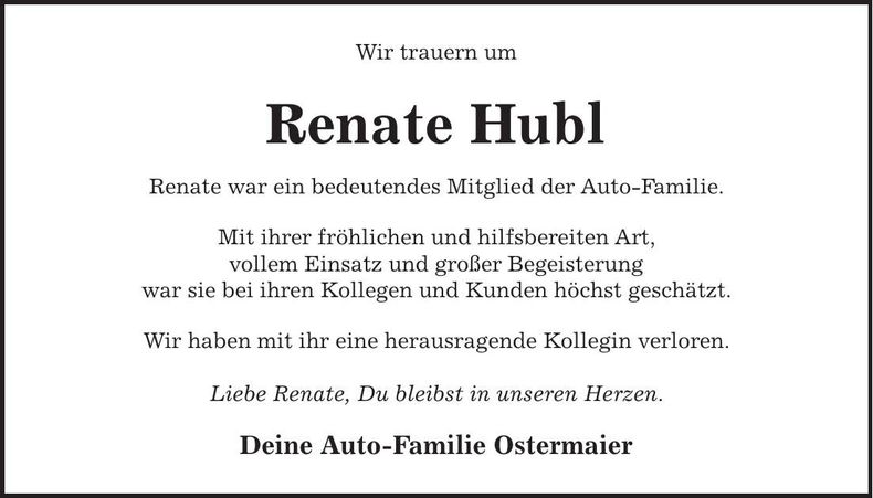 Traueranzeige Renate Hubl