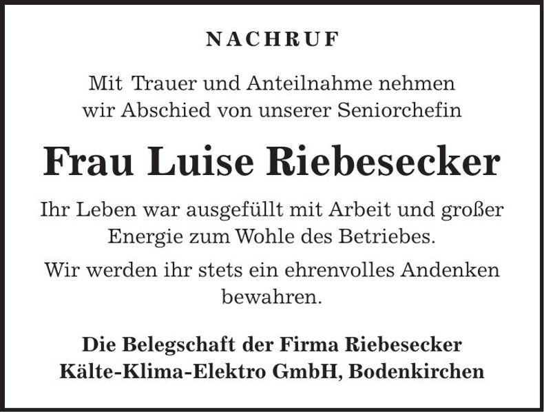 Traueranzeige Luise Riebesecker