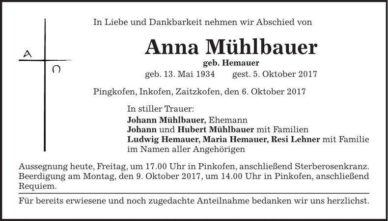 Traueranzeige Anna Mühlbauer