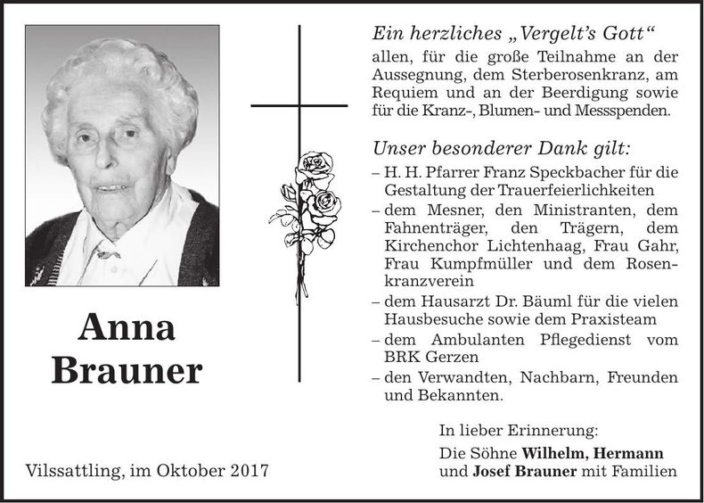 Traueranzeige Anna Brauner