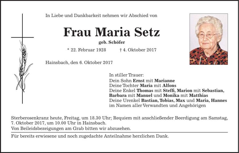 Traueranzeige Maria Setz