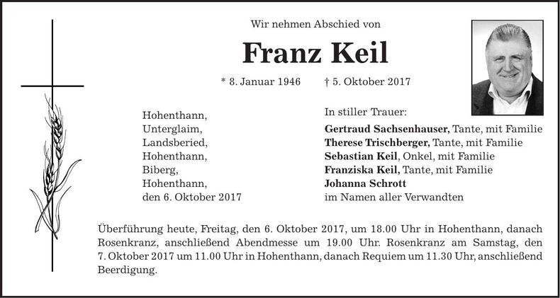 Traueranzeige Franz Keil
