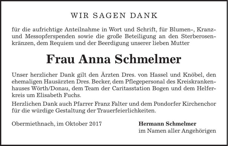 Traueranzeige Anna Schmelmer