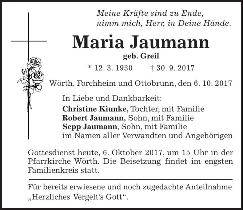 Traueranzeige Maria Jaumann