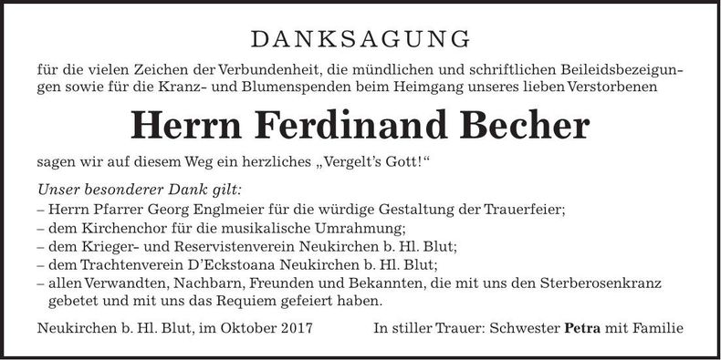 Traueranzeige Ferdinand Becher