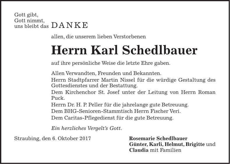 Traueranzeige Karl Schedlbauer