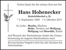 Traueranzeige Hans Hohenecker