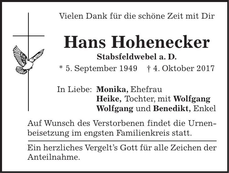 Traueranzeige Hans Hohenecker