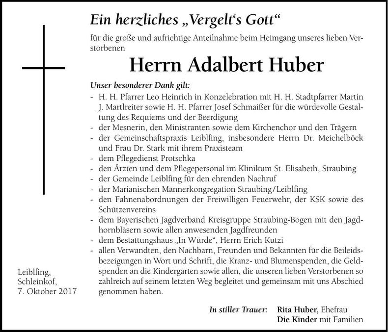 Traueranzeige Adalbert Huber