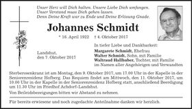 Traueranzeige Johannes Schmidt