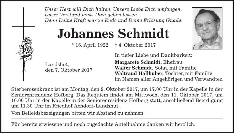 Traueranzeige Johannes Schmidt