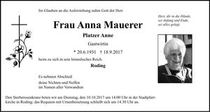 Traueranzeige Anna Mauerer