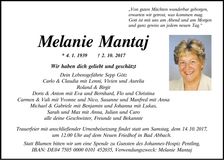 Traueranzeige Melanie Mantaj